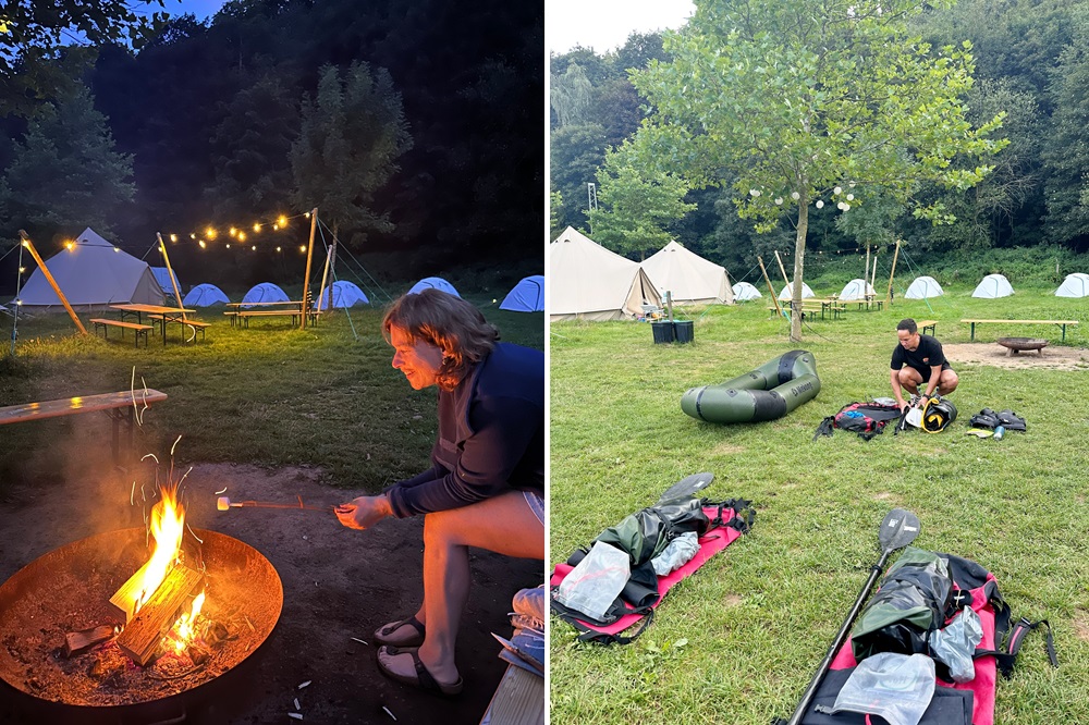 Preparing packrafting equipment at the Packraft Travel basecamp in Germany